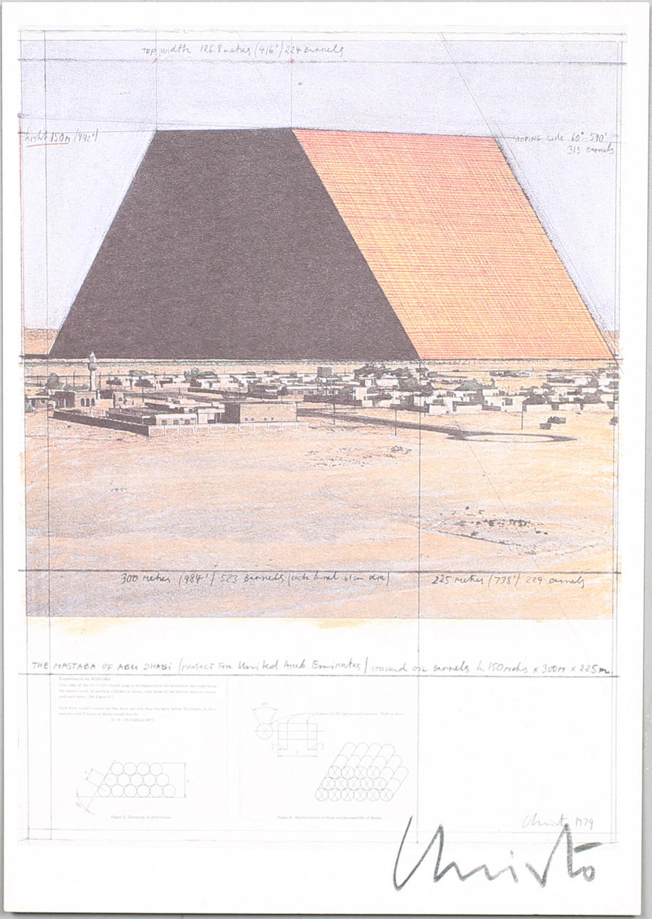 CHRISTO. Vykort. "The Mastaba of Abu Dhabi" Offsettryck. Signerad Christo.
