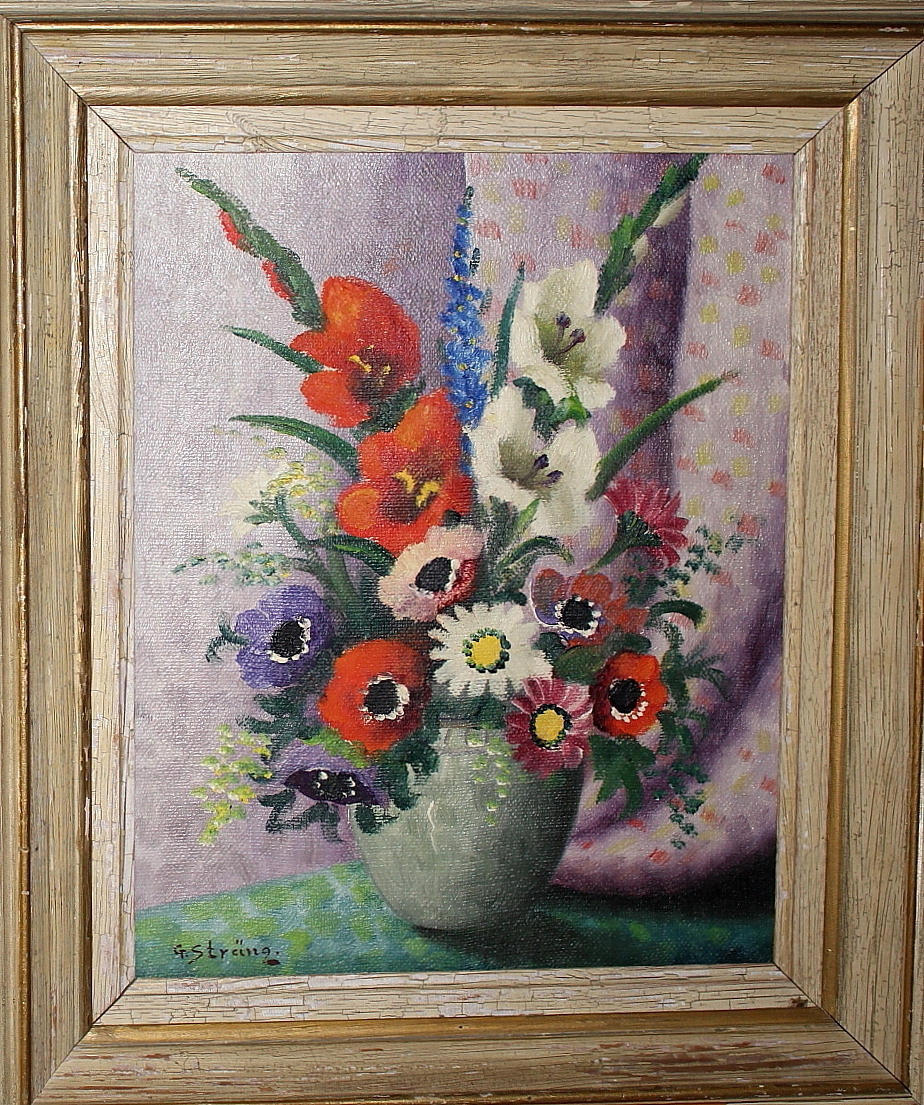 G STRÄNG. olja på duk, blomstileben, signerad.