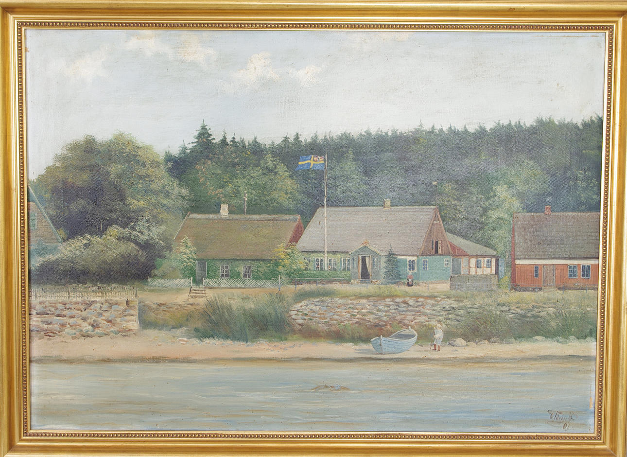 OIDENTIFIERAD KONSTNÄR. Stugor vid kusten, olja på duk, otydligt signerad -01.