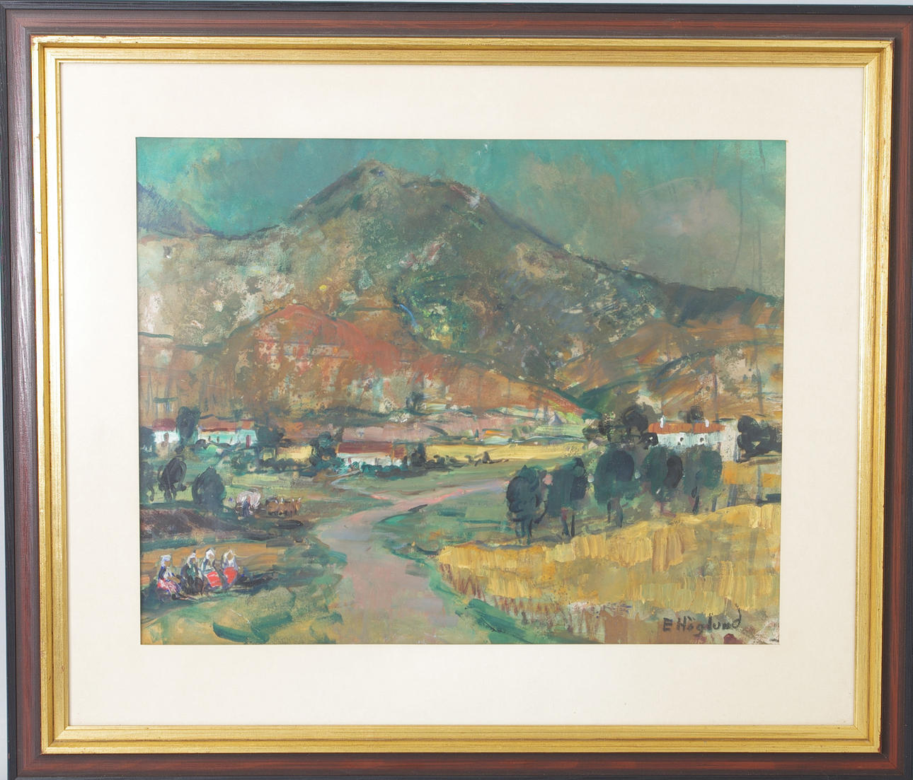 ERIK HÖGLUND. Bergsby, blandteknik, signerad E. Höglund.