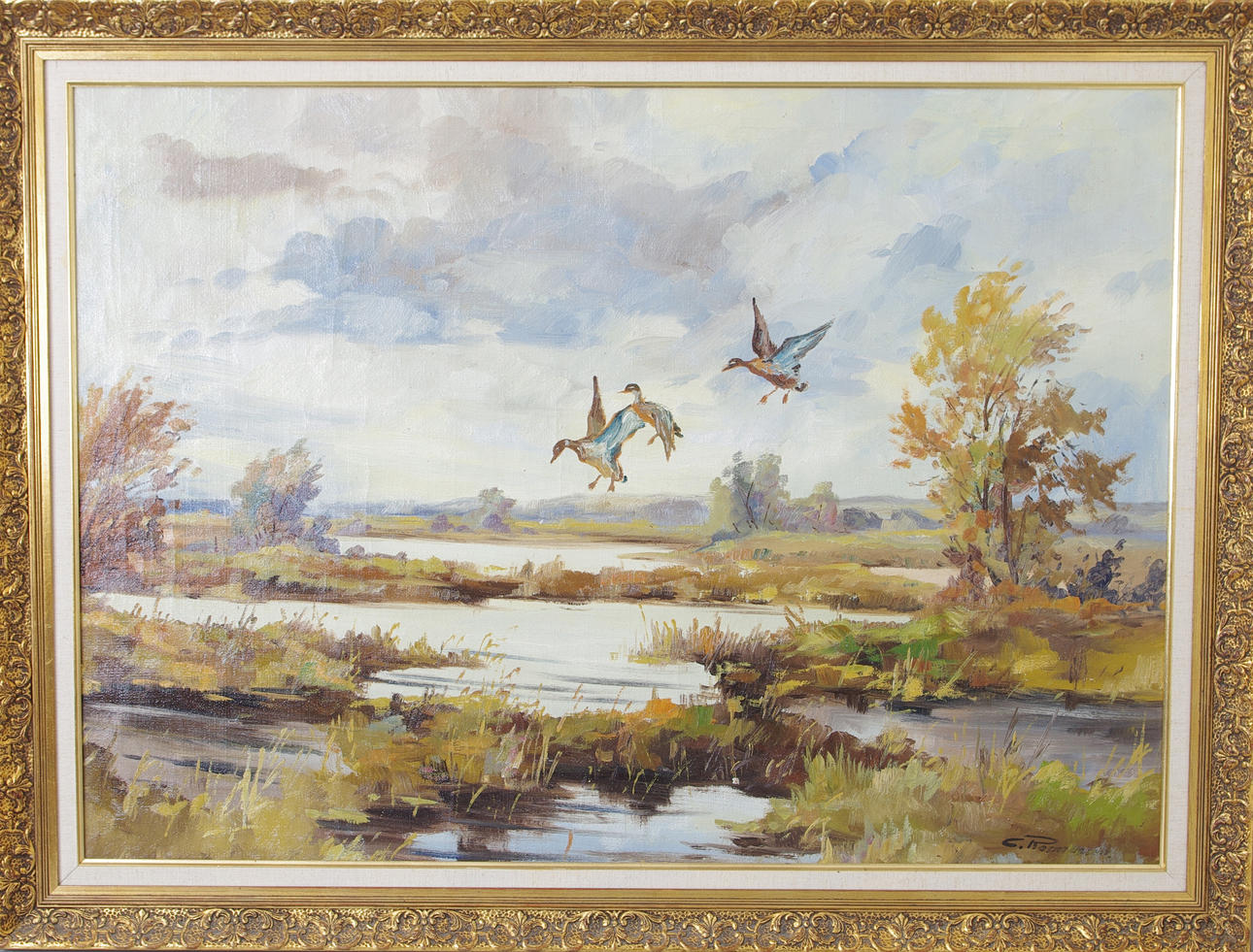 OIDENTIFIERAD KONSTNÄR. Sjölandskap med flygande änder, olja på duk, signerad C. Rasmussen.