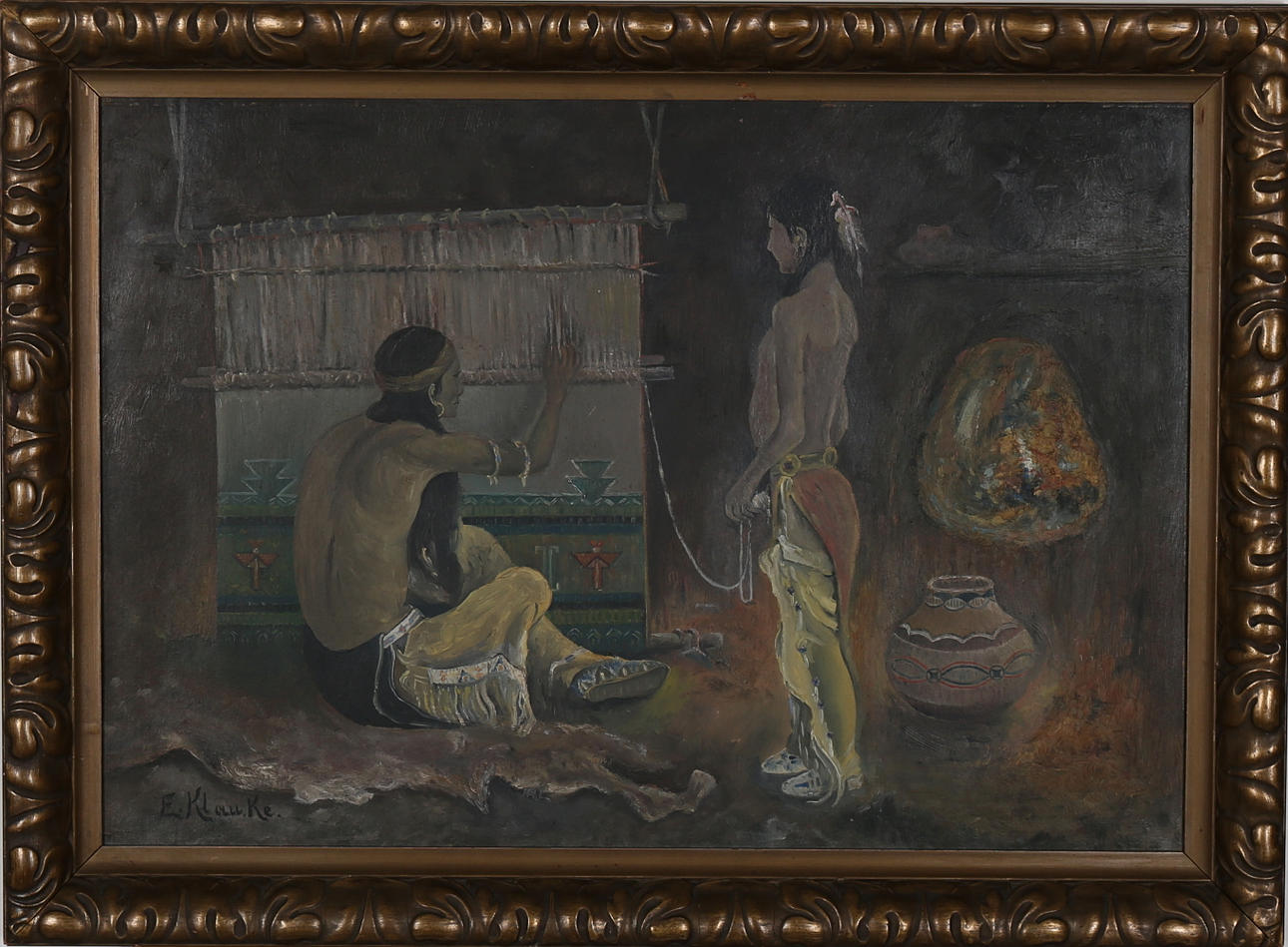 OIDENTIFIERAD KONSTNÄR. Vävande indian. Olja på pannå. Signerad E Klau Ke?
