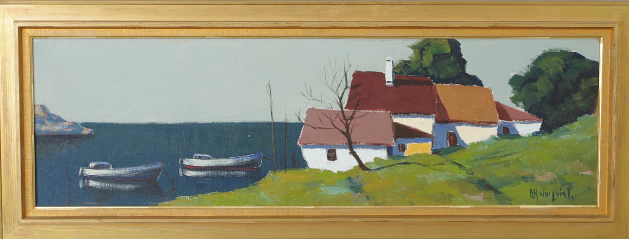 BIRGER WILLIAM HOLMQVIST. Hus vid kusten, olja på duk, signerad B. Holmqvist.