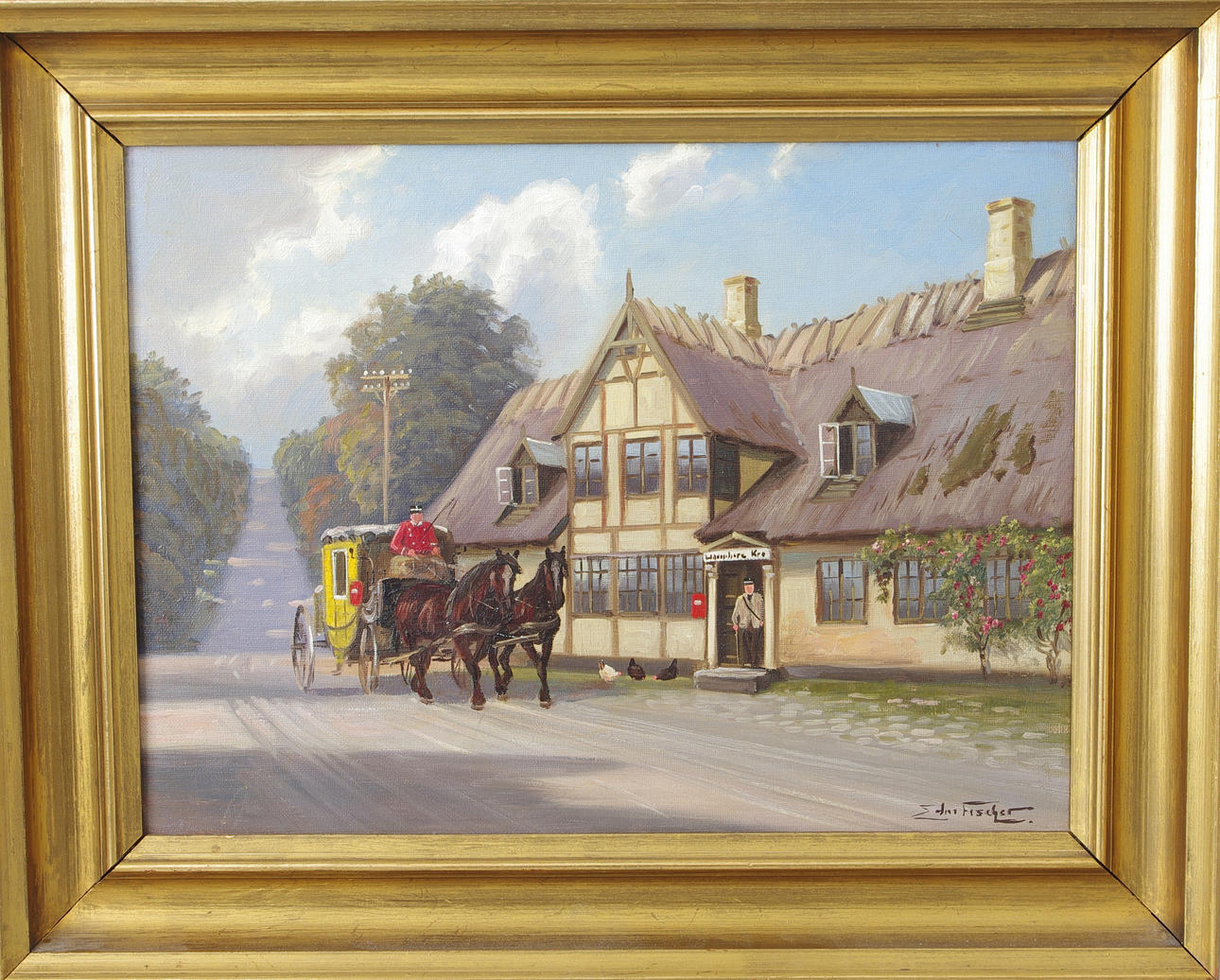 EDMUND FISCHER. Droska utanför dansk krog, olja på duk, signerad Edm. Fischer.