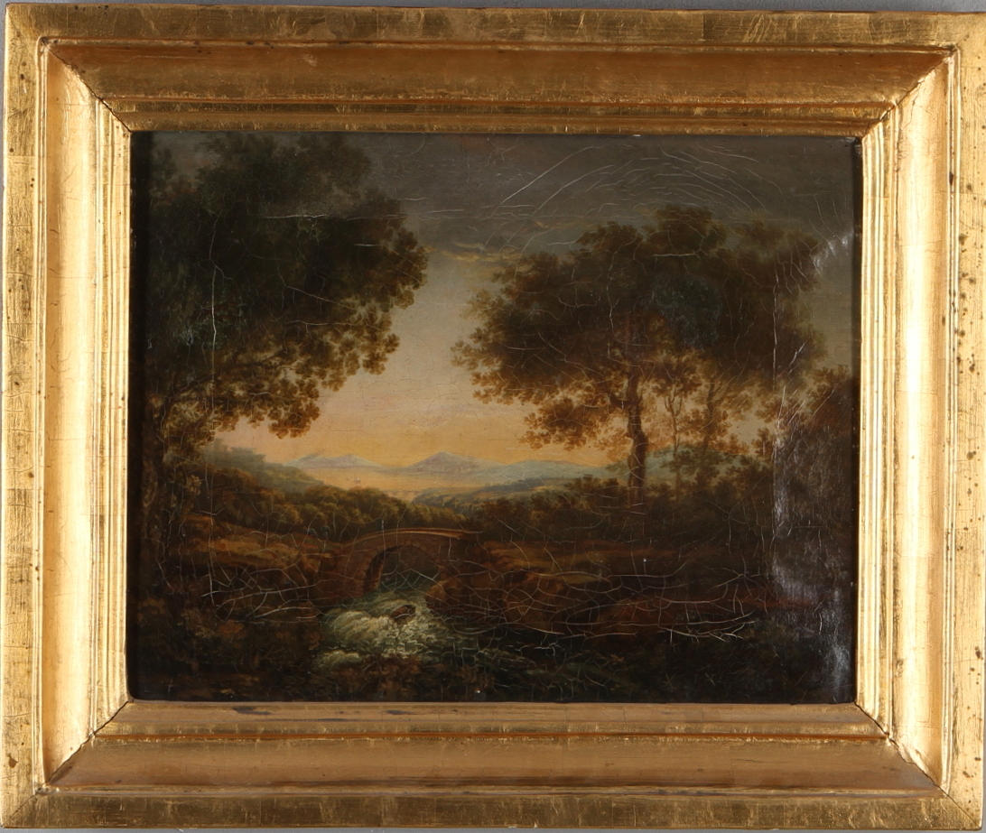 OIDENTIFIERAD KONSTNÄR. Landskap med bro och fors, olja på duk, trol. England 1800-tal.