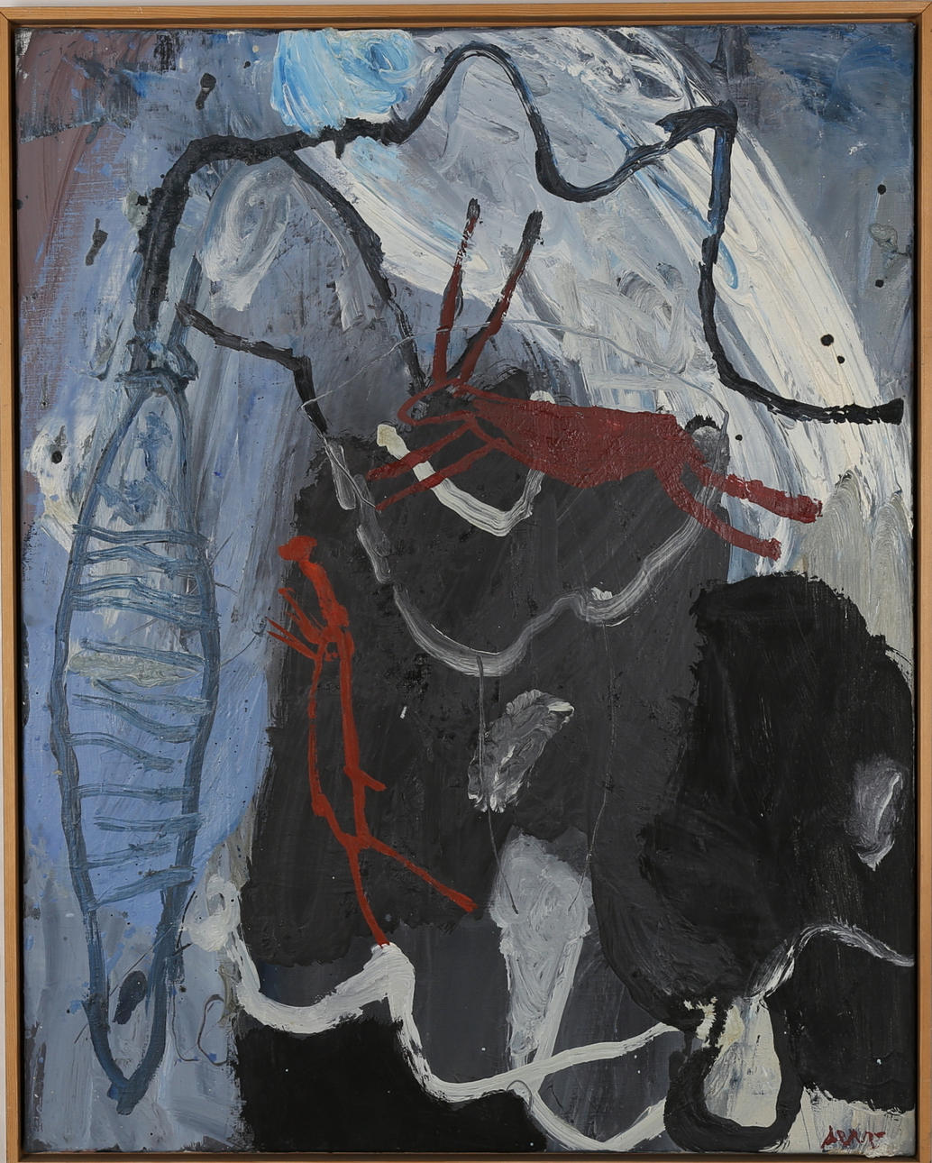 OIDENTIFIERAD KONSTNÄR. Komposition. Olja på duk. Otydlig signatur.