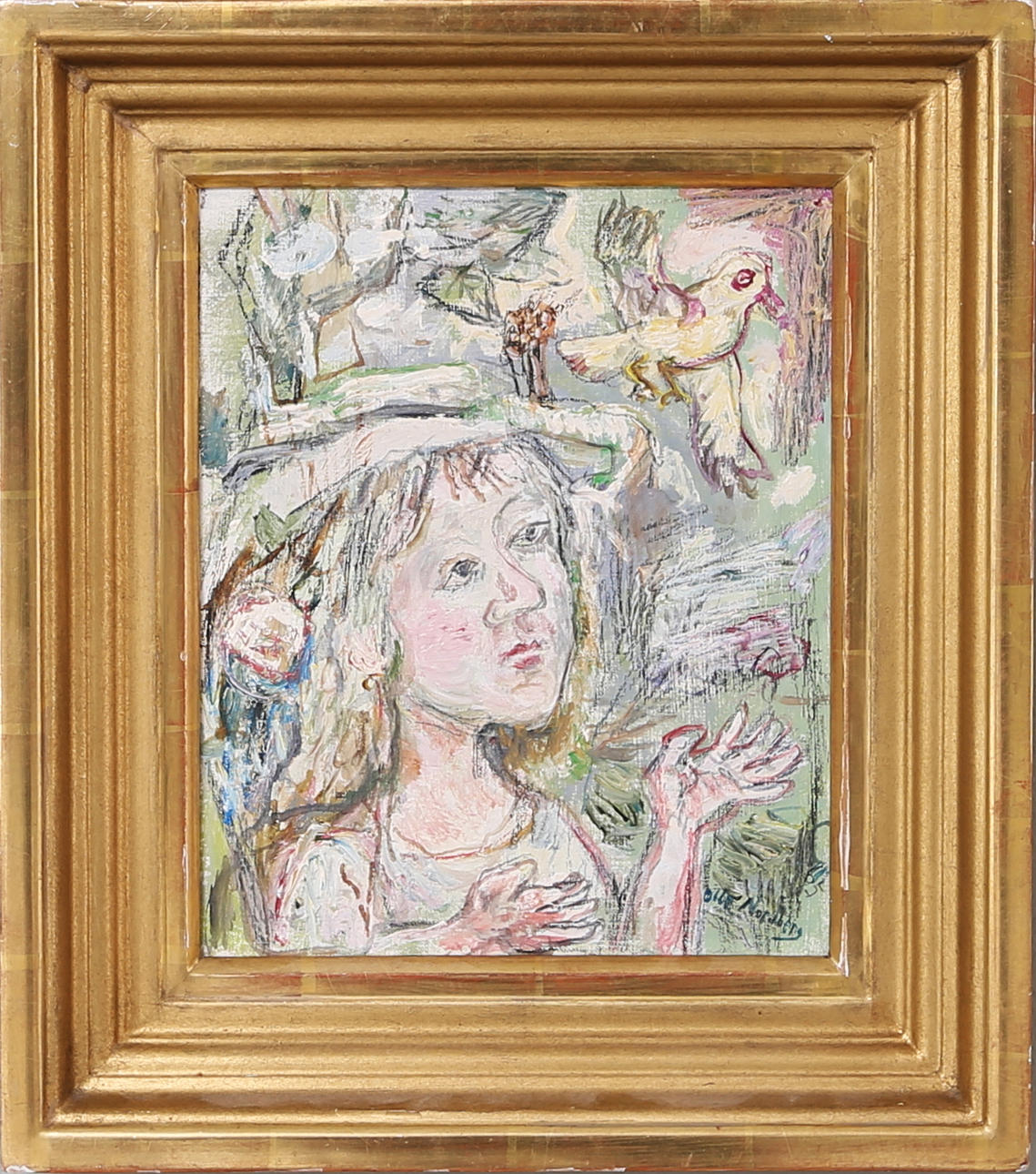 OLLE NORDBERG. "Flicka och fågel", olja på pannå, signerad.