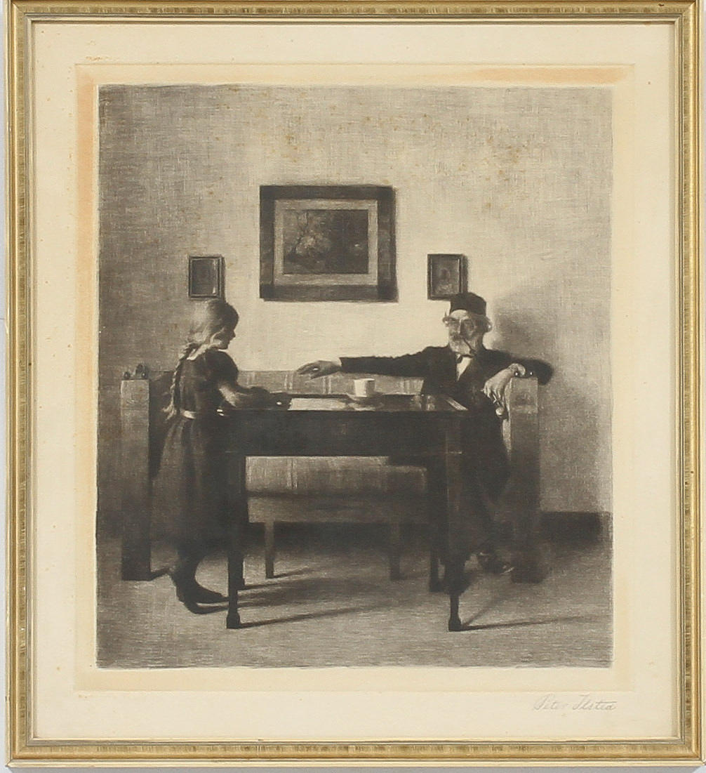 PETER ILSTED. "Hos bedstefar", Mezzotint, signerad.