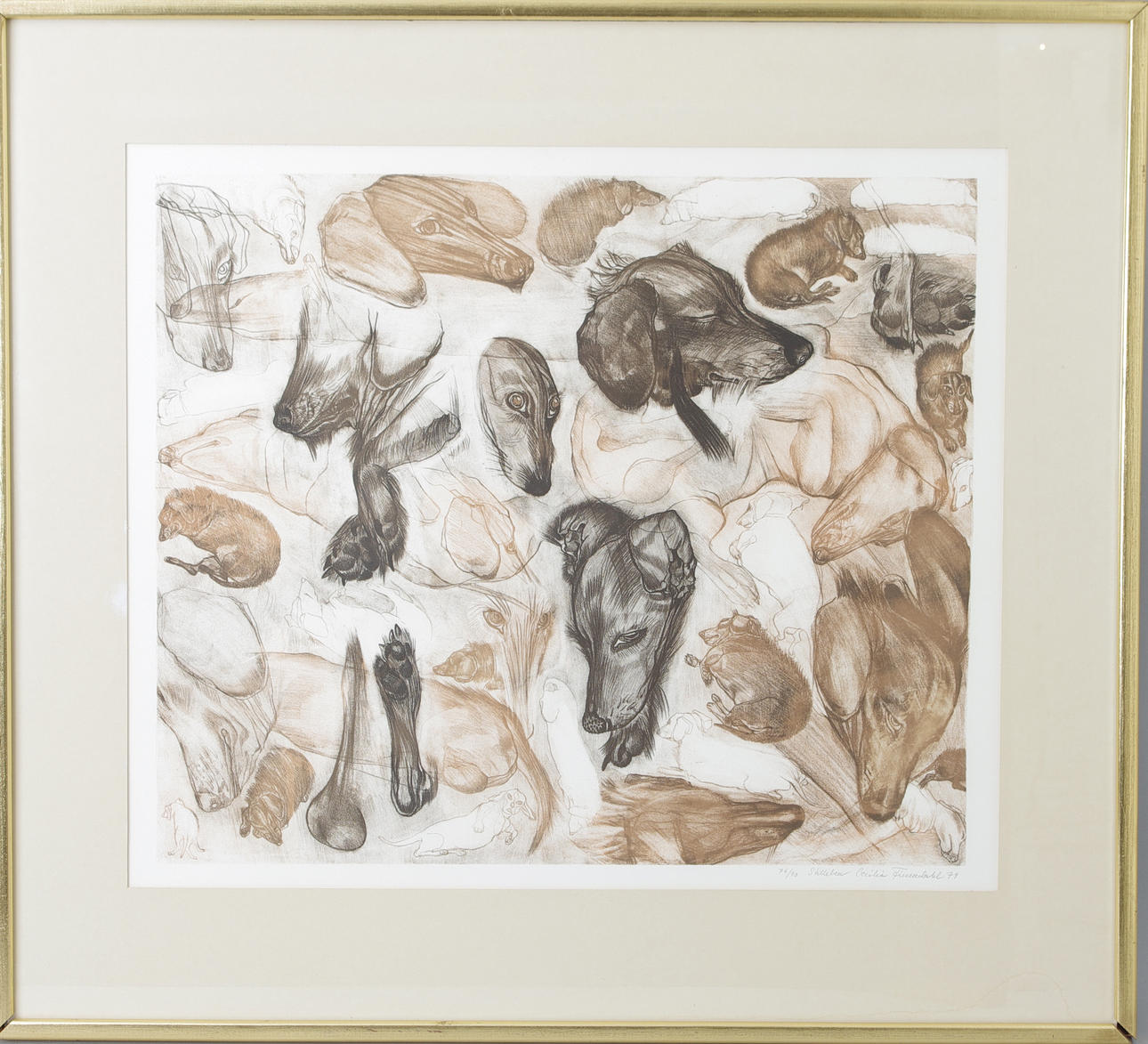 CECILIA FRIESENDAHL. Komposition med hundar, färglitografi, signerad -79.