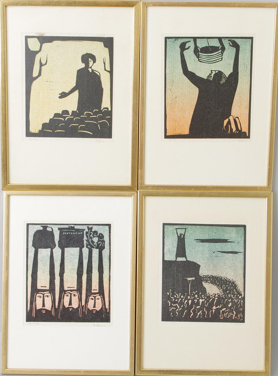 ÅKE HOLM. bibliska motiv, 4 linoleumsnitt, signerad Å. Holm.