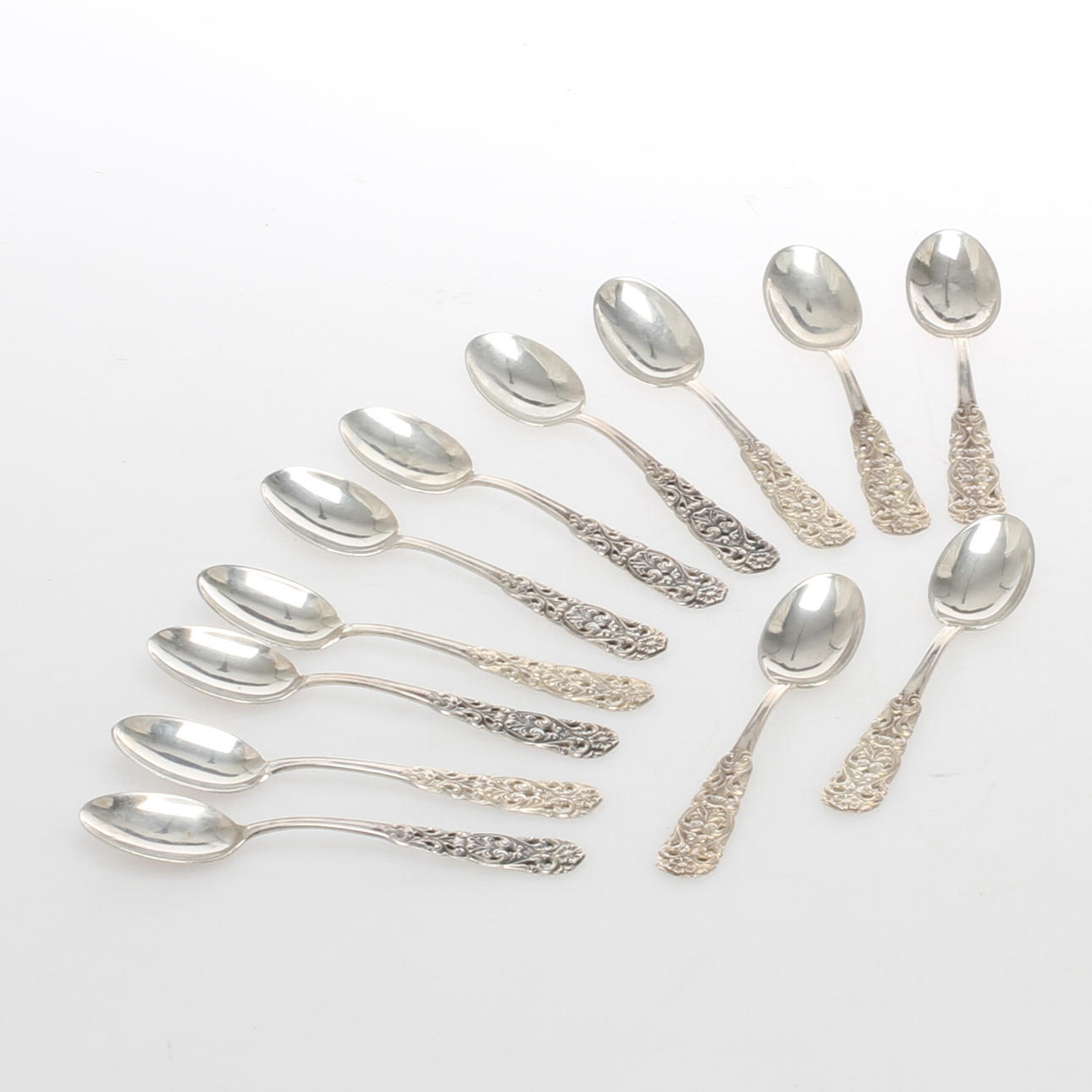 MOCCASKEDAR, 12 st, silver, modell "Valdres/Helga", Ekström & Blohm Aktiebolag, Falköping,1955.