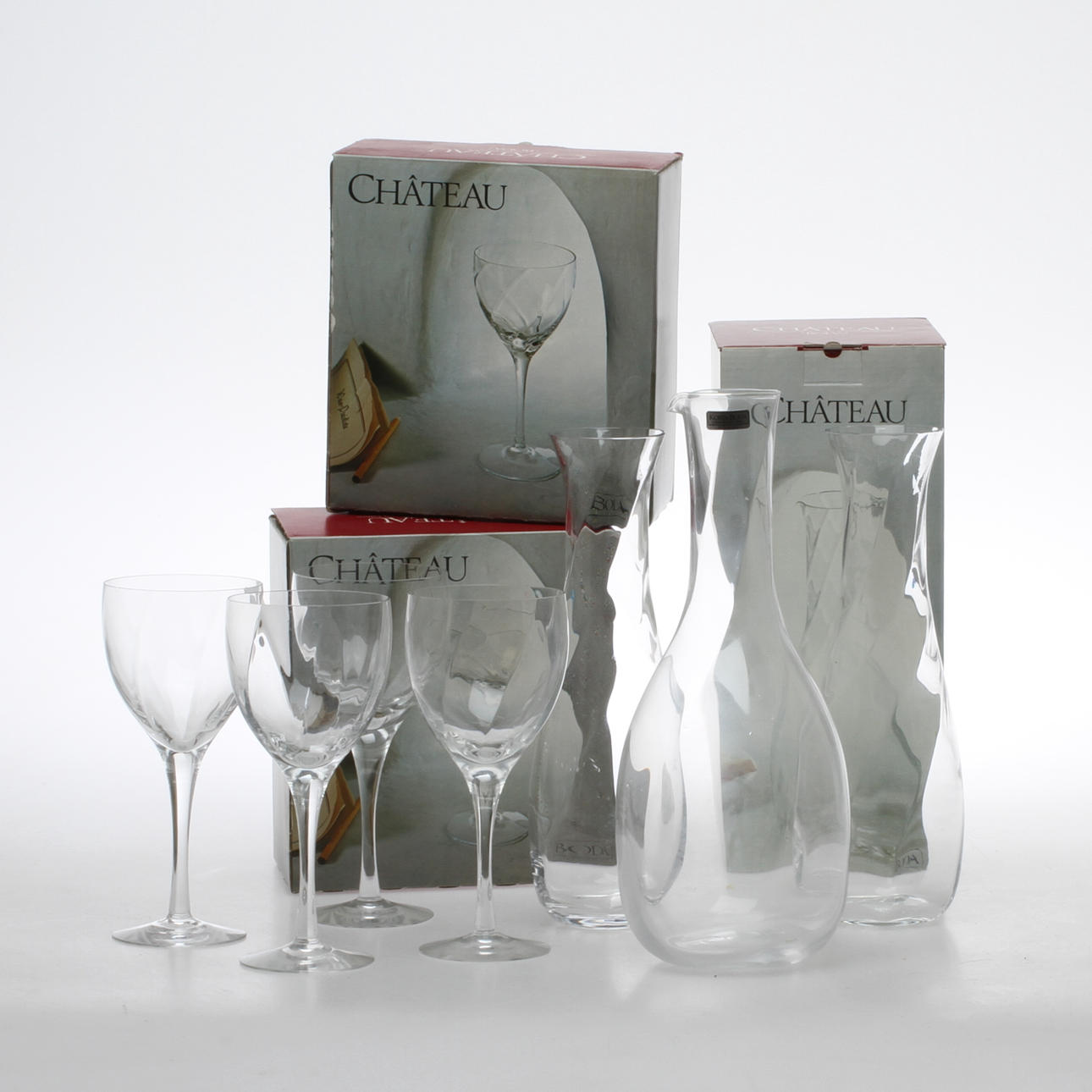VINGLAS, 4 st, VASER, 1 par, KARAFF, glas, "Chateau", Bertil Vallien, Kosta Boda.