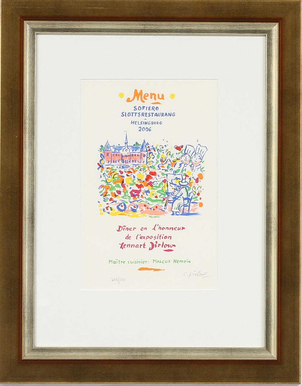 LENNART JIRLOW. Menu Sofiero, färglitografi, sign o numr 208/390.