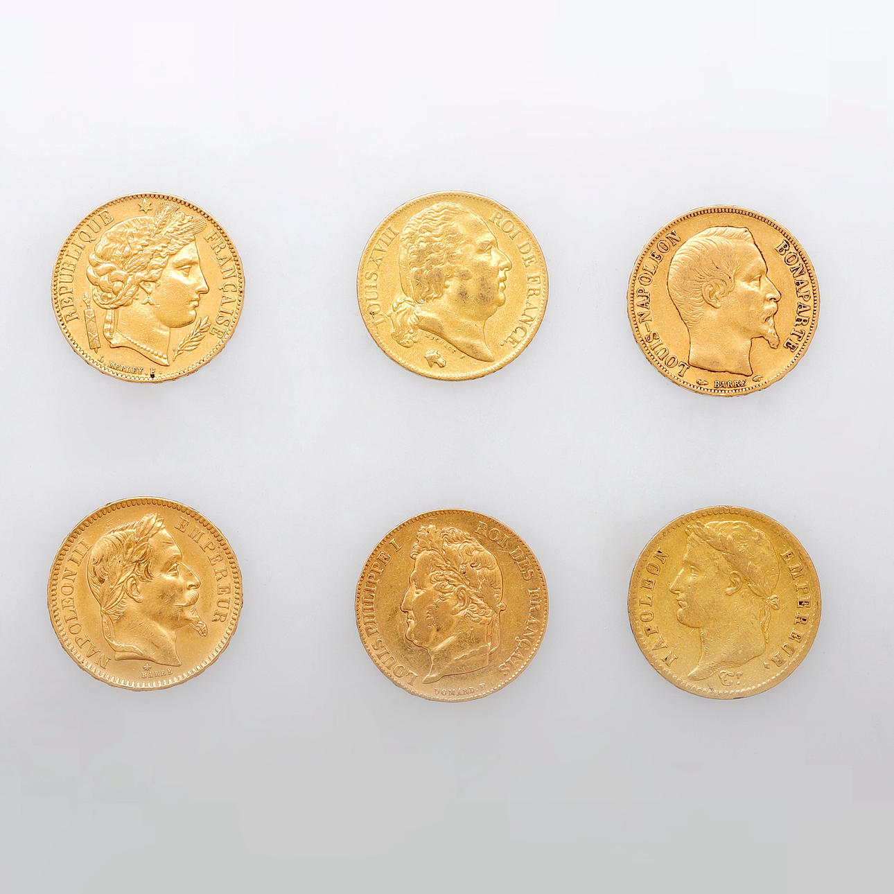 Sex franska guldmynt.