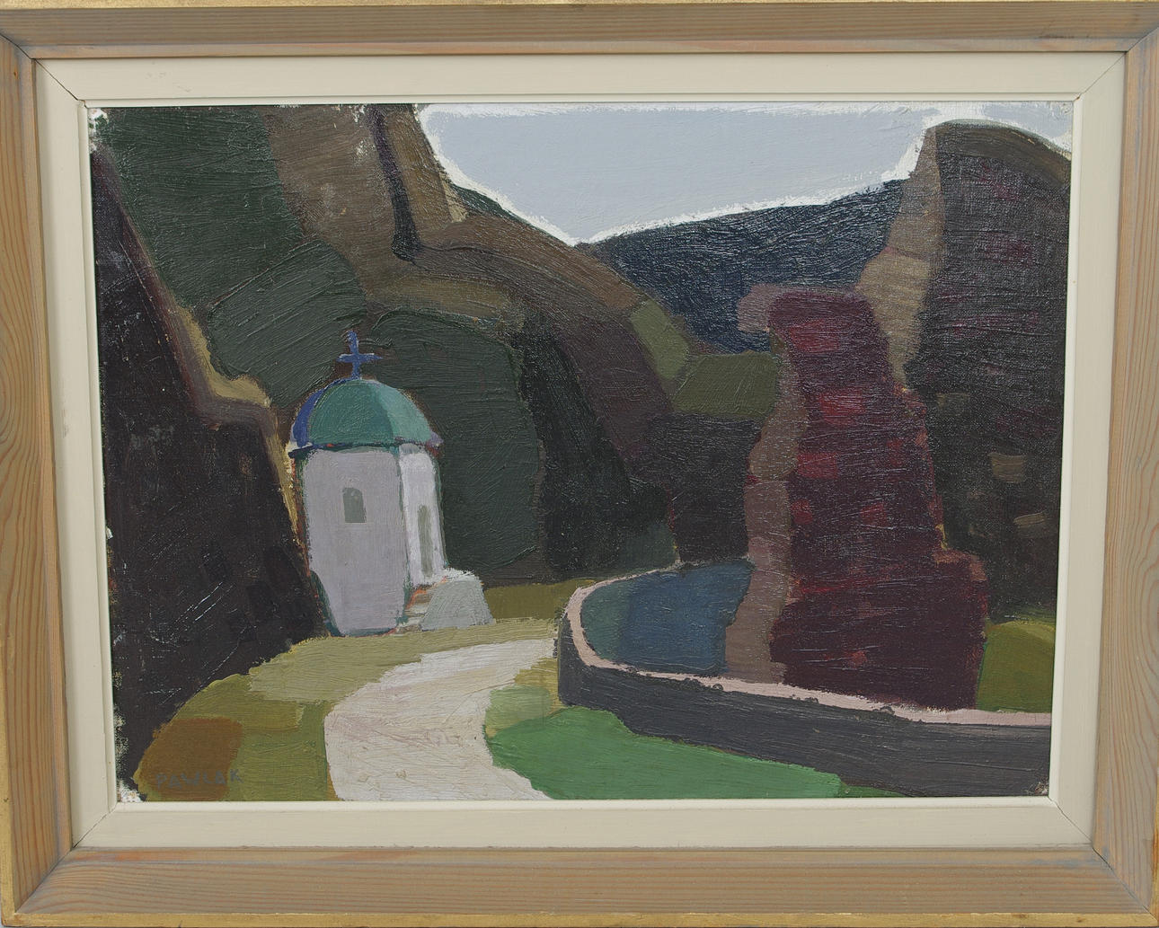 GÖTE PAWLAK. "Vägen med gravkapellet", olja på pannå, signerad Pawlak.