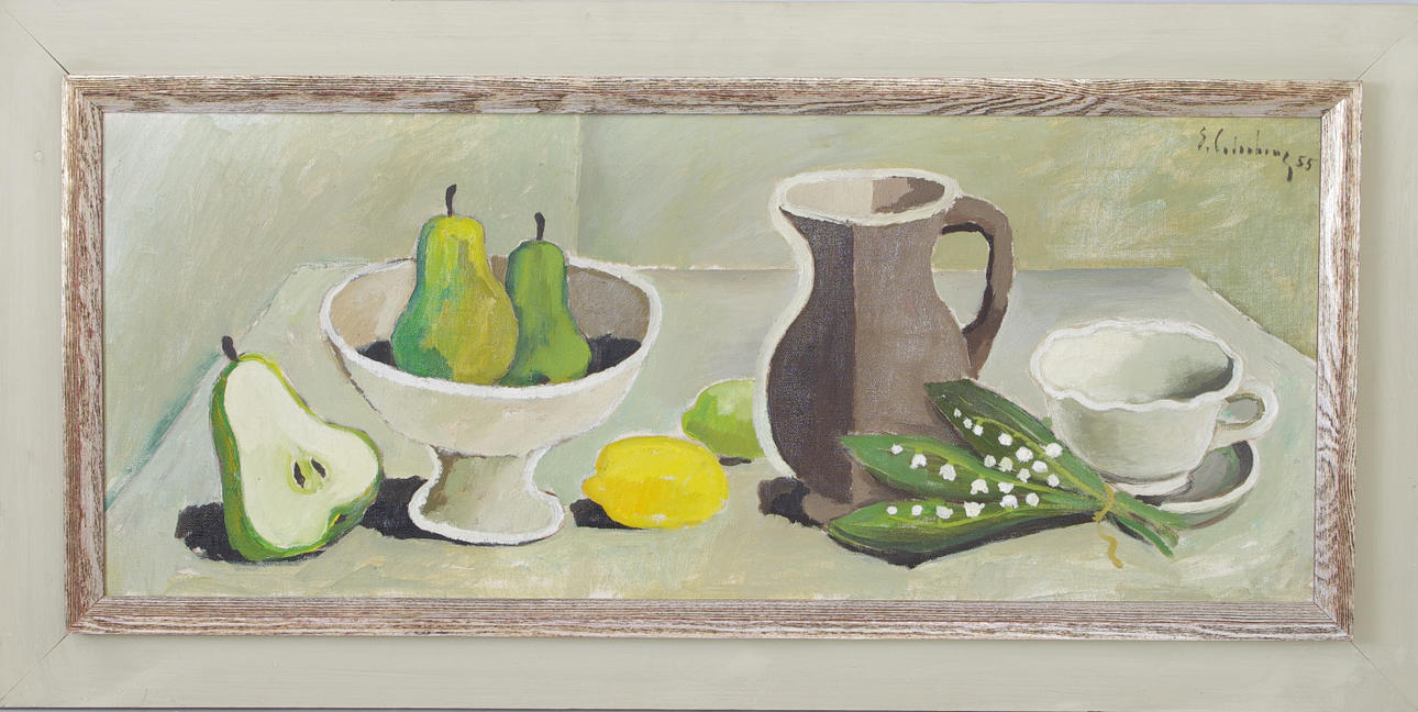 ERIC CEDERBERG. Stilleben med päron och liljekonvaljer, olja på duk, signerad E. Cederberg -55.