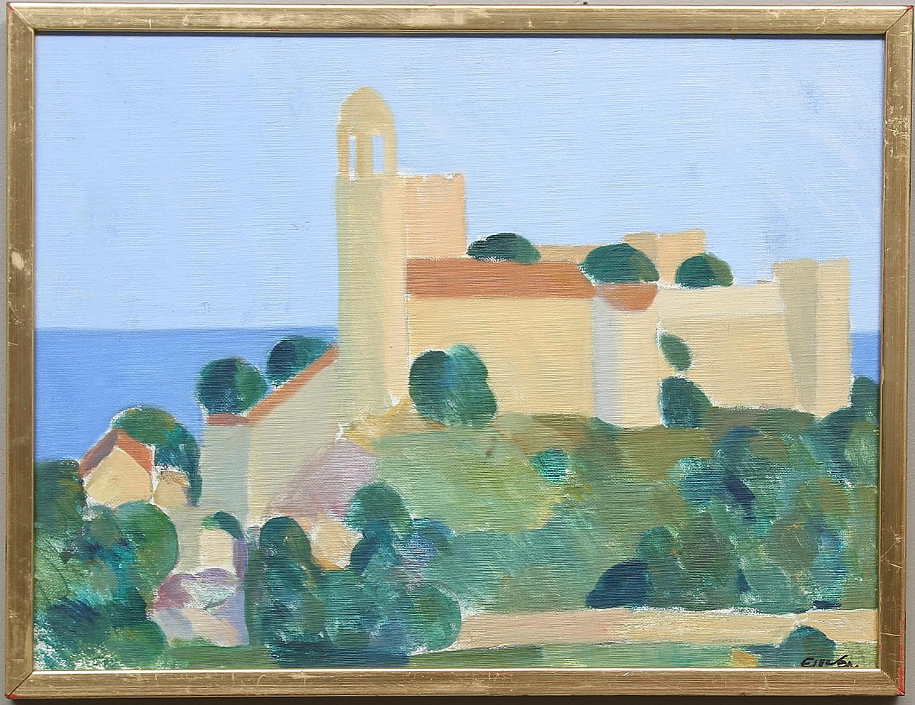 ERIC ELFVÈN. "Utsikt mot Elba". Olja på pannå. Signerad.