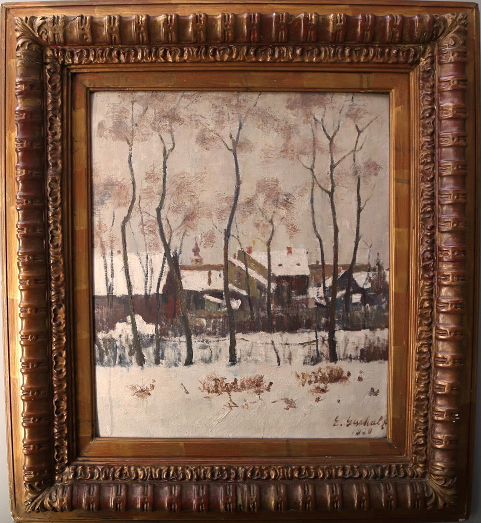 JOZSEF EÖLVEDDI GACHAL. Olja på pannå, "Stadsmiljö i vinterskrud", signerad.
