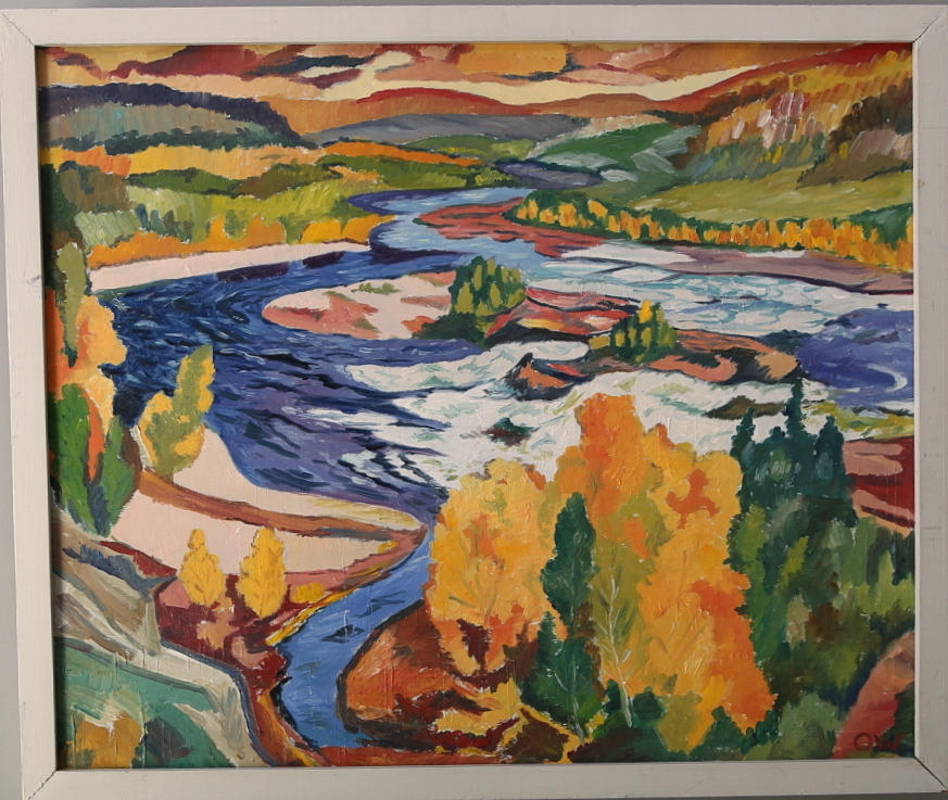 OIDENTIFIERAD KONSTNÄR. Olja på pannå, Landskap med vattendrag, signerad O.W.