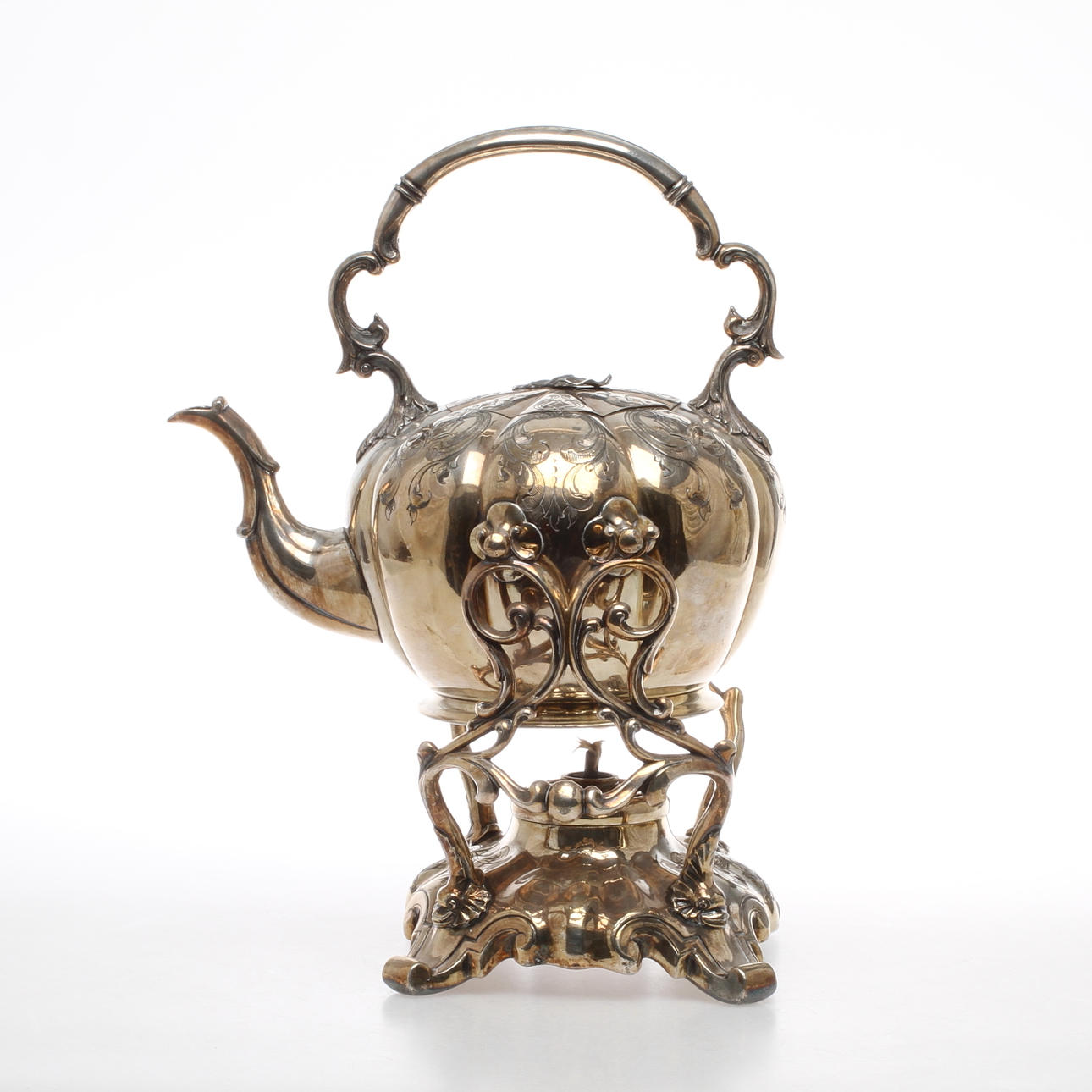 TEKANNA MED RECHAUD, nysilver, R Broadhead & Co, Sheffield, England. 1800-tal.