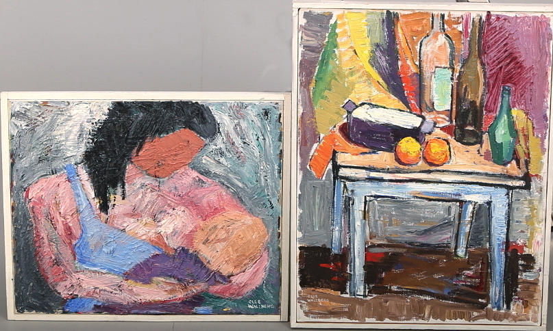 OLLE WALLBERG. OLJA PÅ DUK, "Moder ammar" och utan titel, signerade Olle Wallberg.