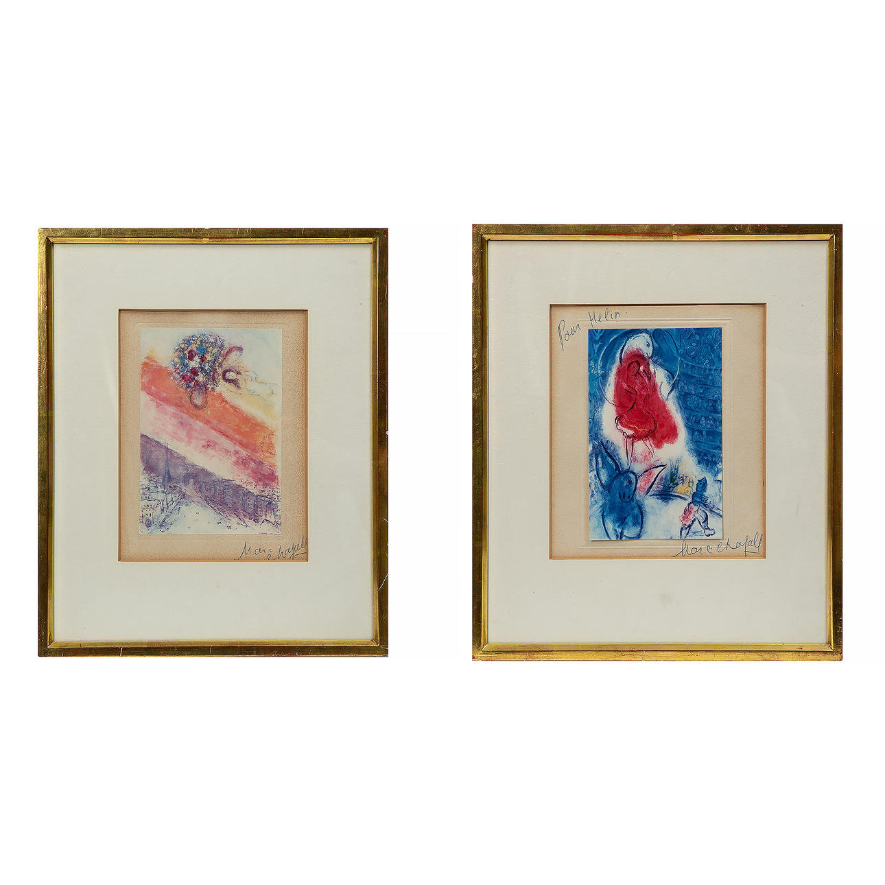 MARC CHAGALL. Reproductions, 2 pieces, signed.