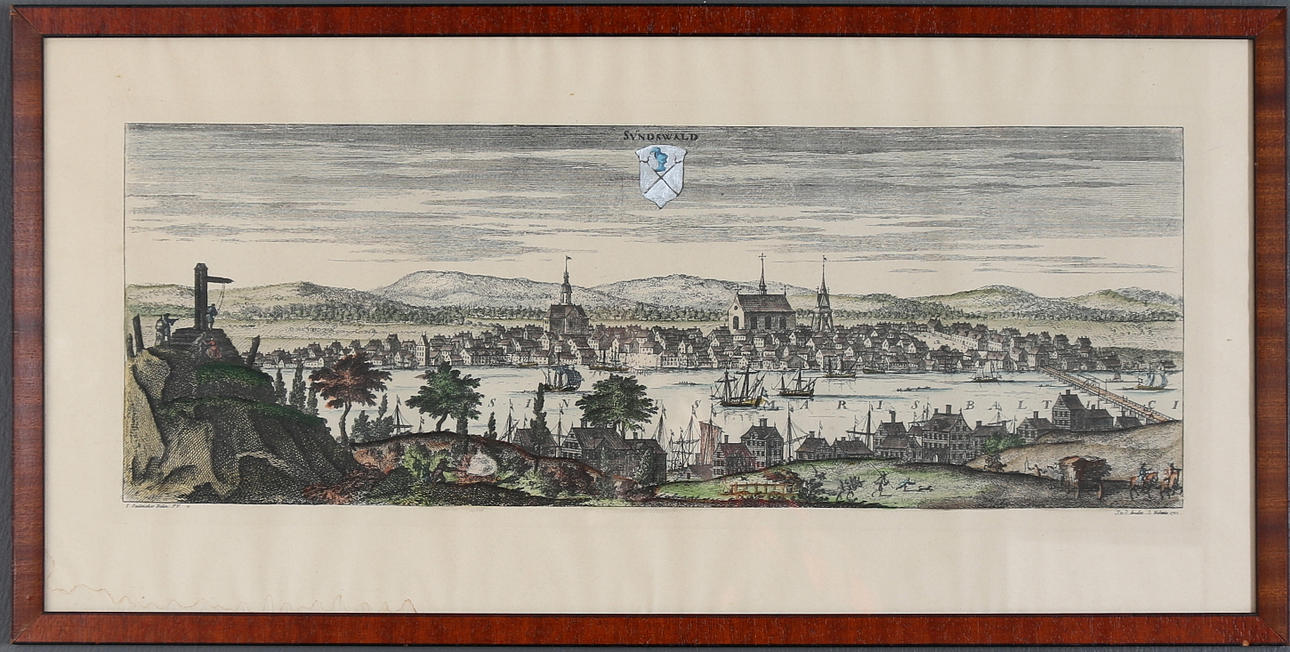 KOPPARSTICK, handkolorerad, vy över Sundswald. 1700-tal.