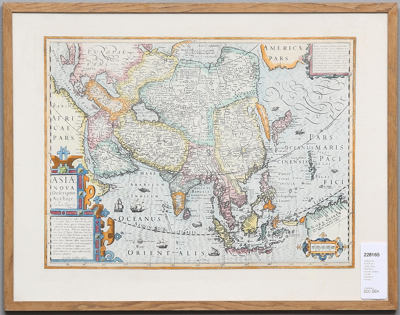 JODOCUS HONDIUS. "Asiae Nova Descriptio Auctore Jodoco Hondio". Kolorerad etsning.