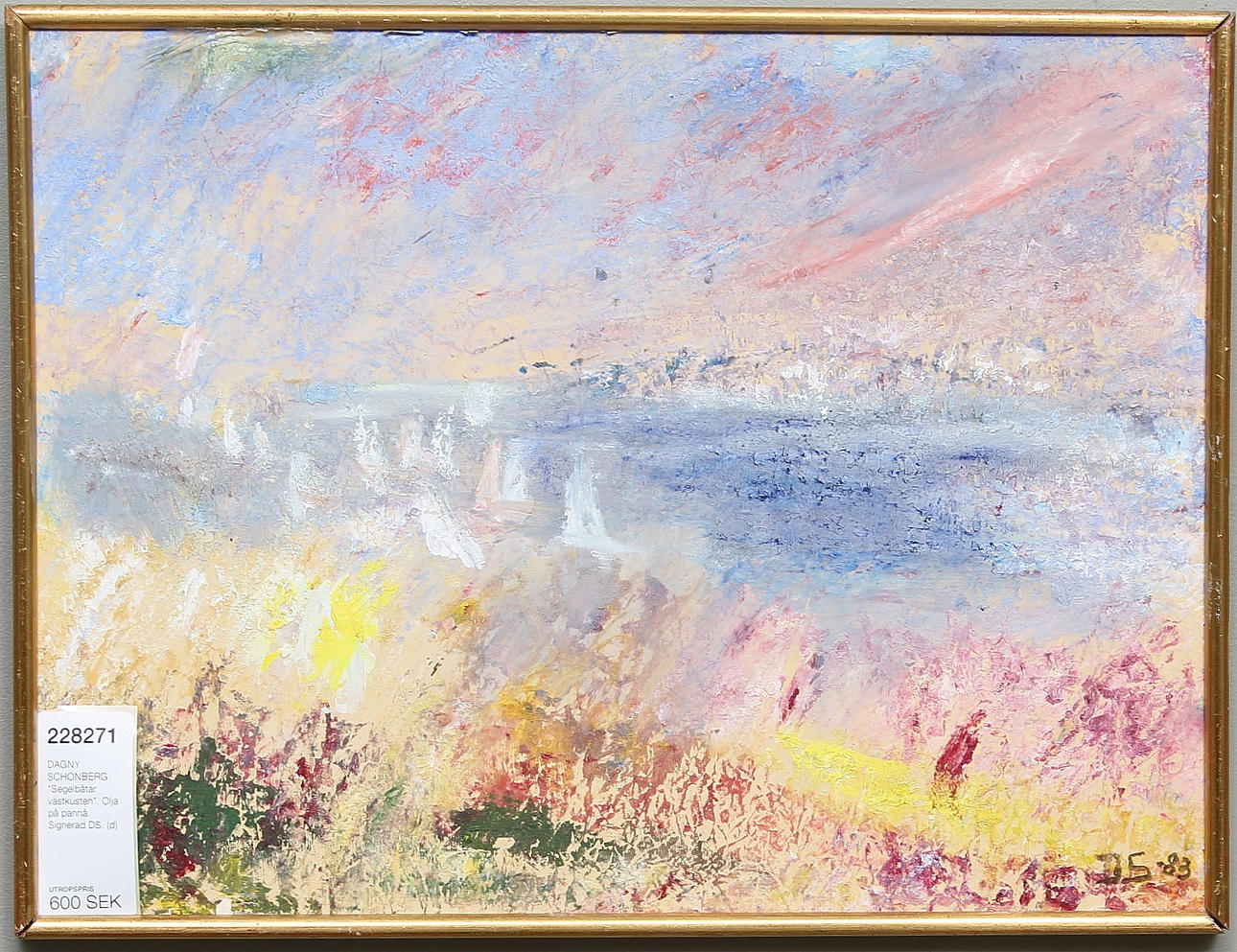 DAGNY SCHÖNBERG. "Segelbåtar västkusten". Olja på pannå. Signerad DS och daterad -83.