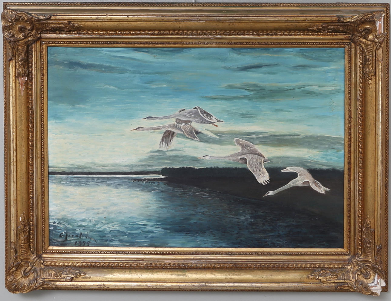 G. TÄRNLID. Olja på duk, Flygande svanar, signerad, 1955.
