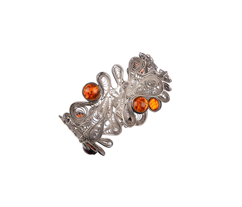 FILIGRANES SILBERARMBAND mit Bernstein, polnische Punze.