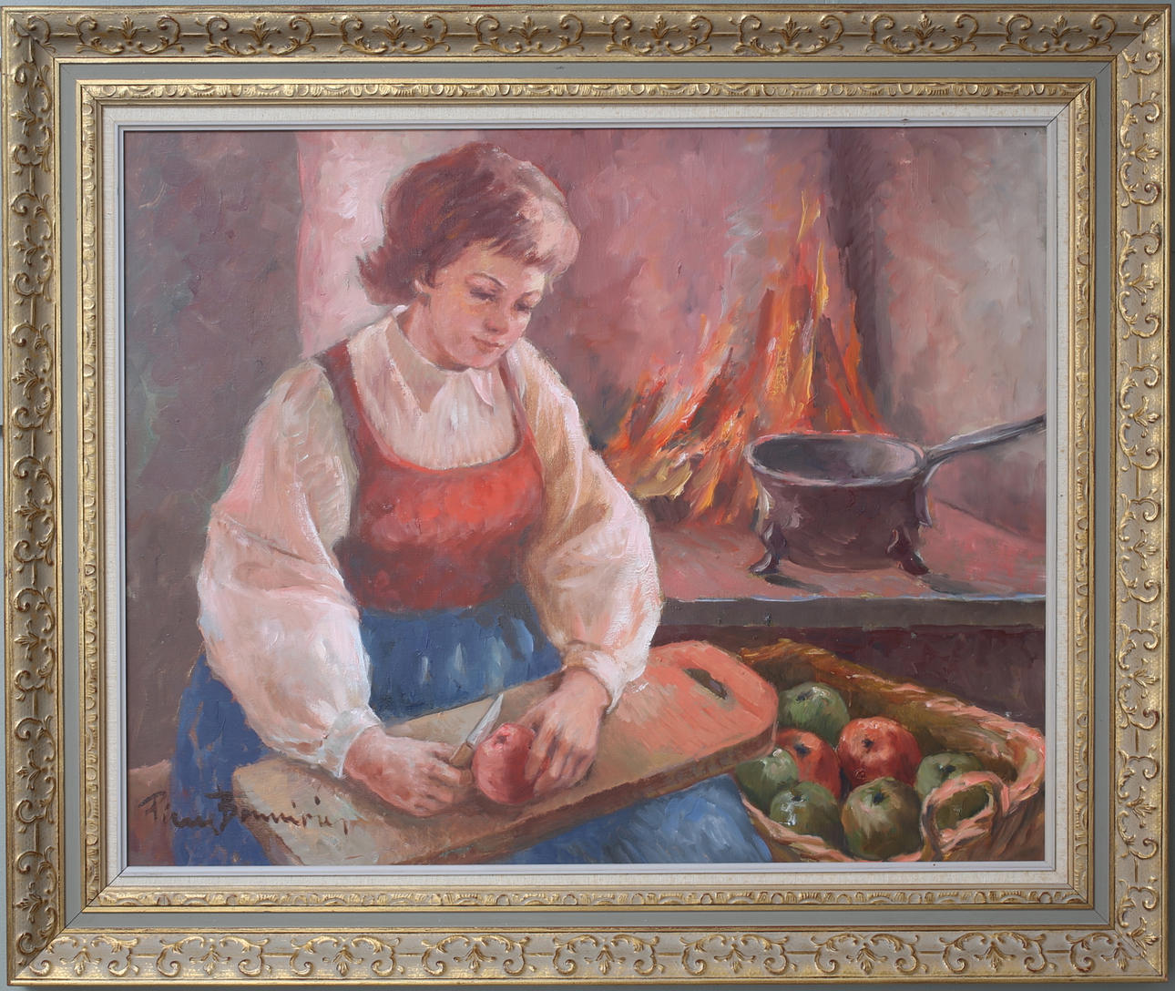 OIDENTIFIERAD KONSTNÄR. Vid spisen, olja på duk, signerad.