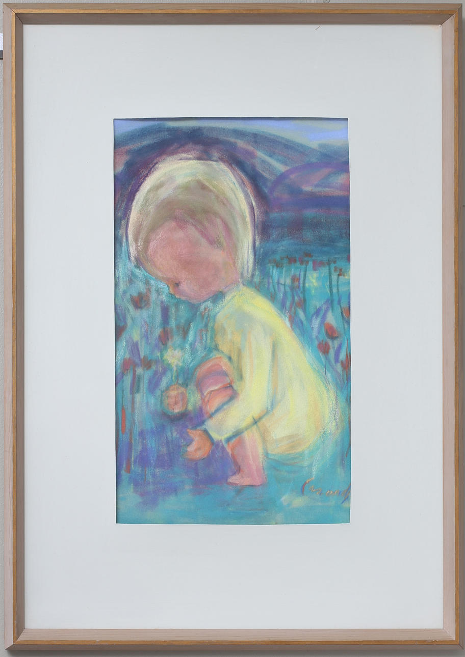 KURT CARENDI. Pastell, Flicka i blomlandskap.
