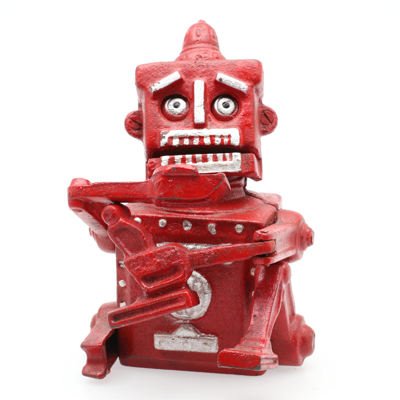 SPARBÖSSA, gjutjärn, i form av robot, samtida.