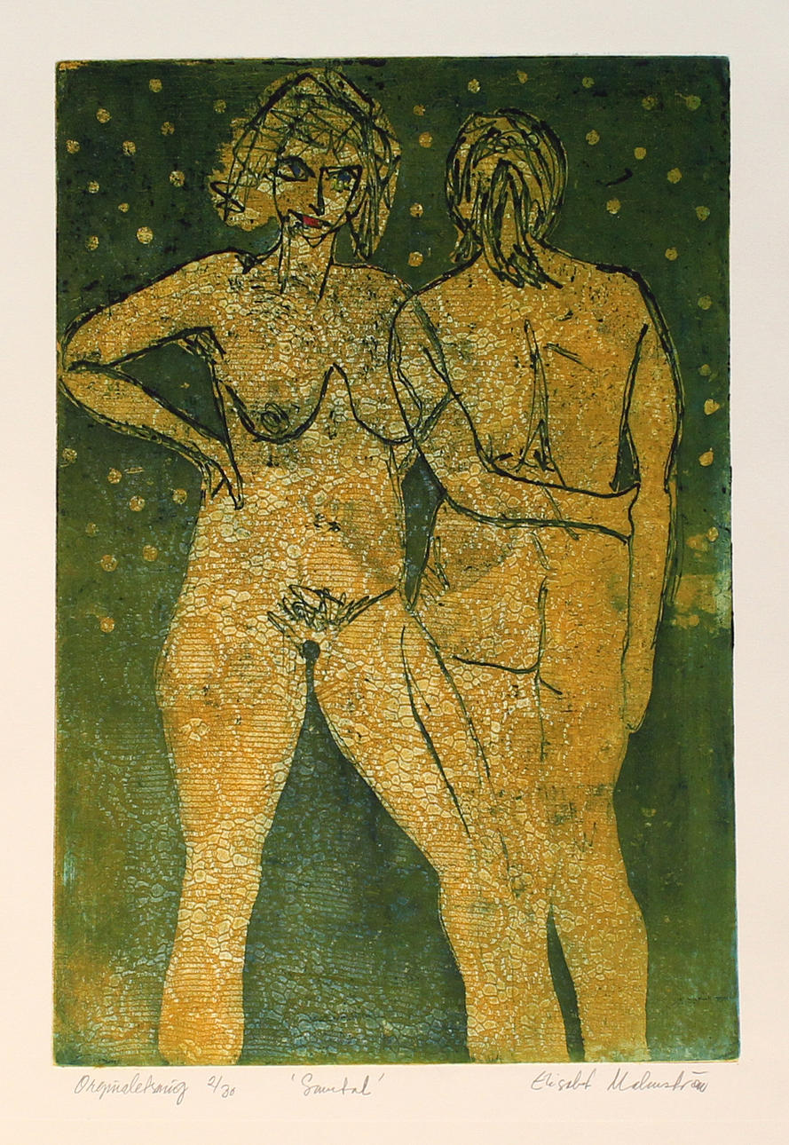 ELISABET MALMSTRÖM. "Samtal". Handkolorerad etsning. Signerad. 2/30.