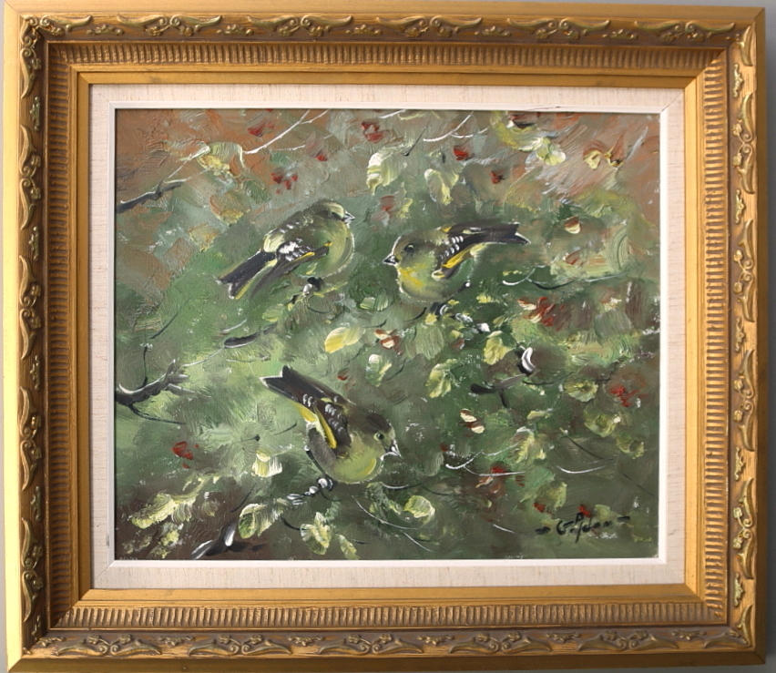 G. ADON. Olja på duk, "Grönfink", signerad G. Adon.