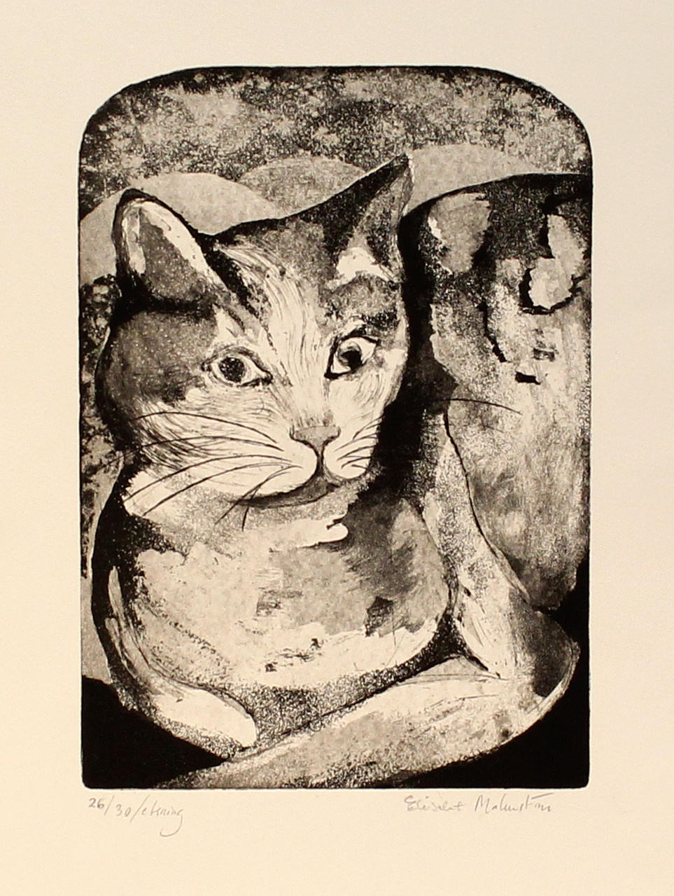 ELISABET MALMSTRÖM. "Porträtt" och "Katt inatt". Etsning/Torrnål (2). Signerade. 26/30 och 12/15.