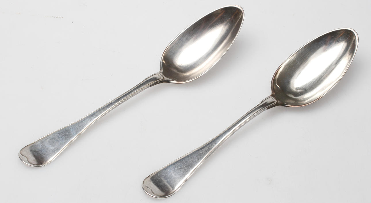 SKEDAR, 2 st, silver, Anders Stafhell(verksam 1755-1794), Stockholm, vikt ca. 129,2 gram.