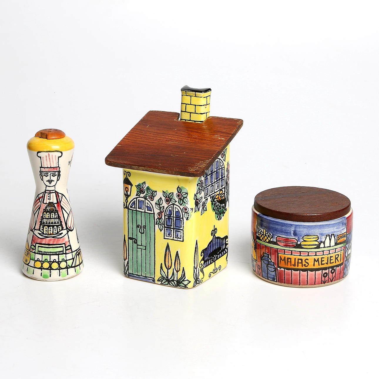 BURKAR och STRÖARE, 3 delar, flintgods, "Vår lilla stad", Anita Nylund, Jie, 1900-talets mitt.