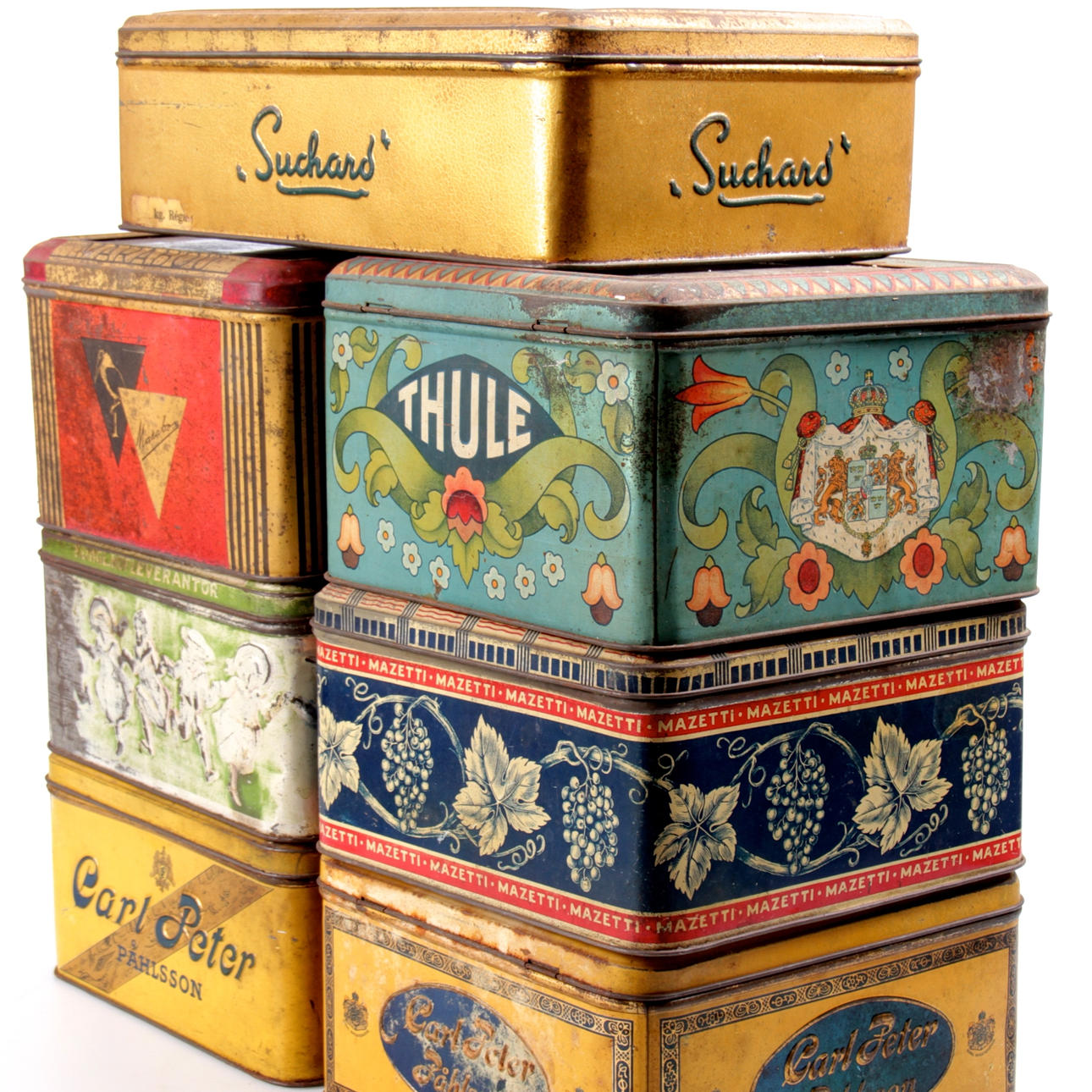 PLÅTBURKAR, 7 st. Delvis Thule, Mazetti, Marabou, 1900-tal.