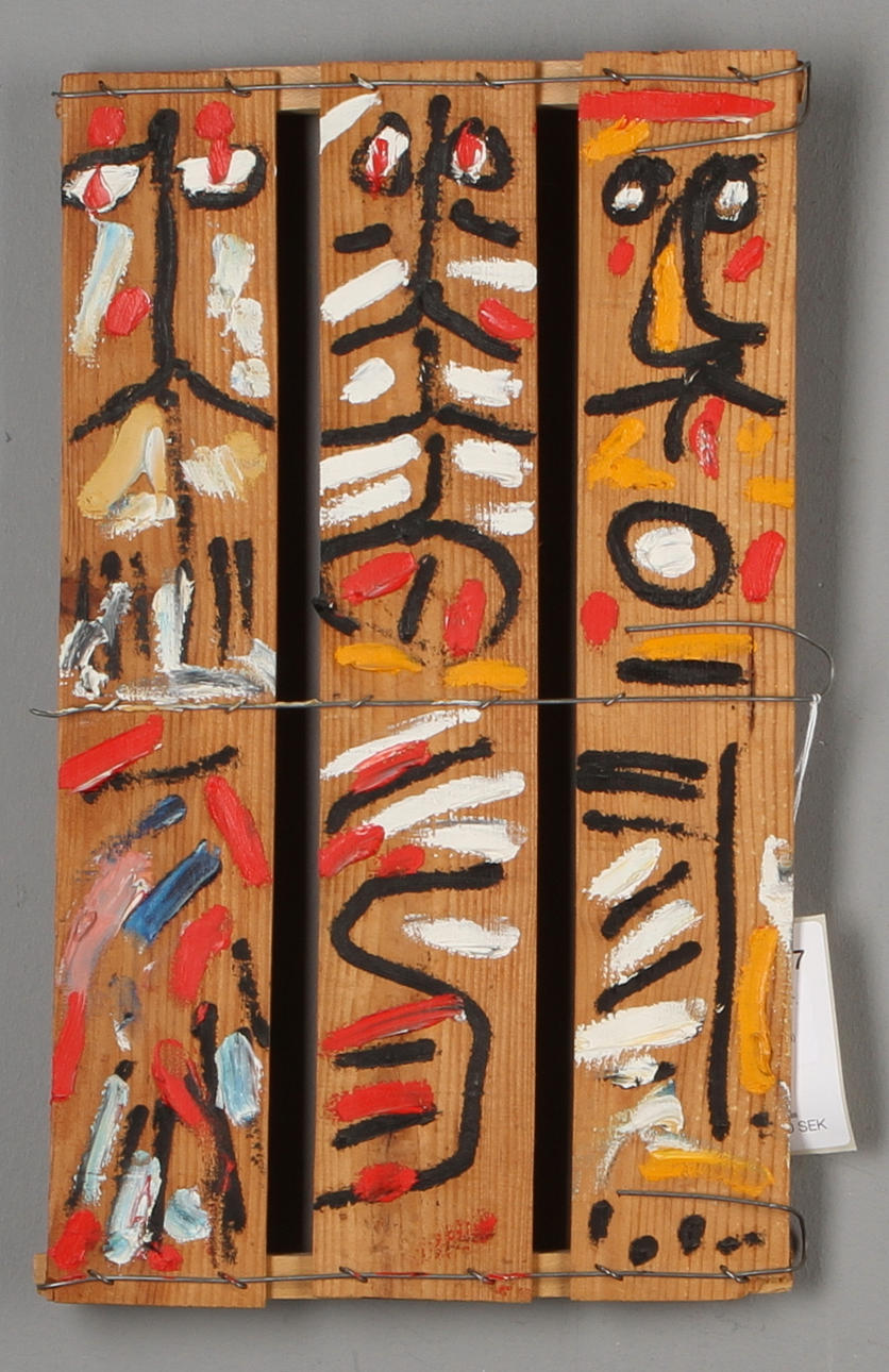 MADELEINE PYK. "Häxor", olja på apelsinlåda, signerad.