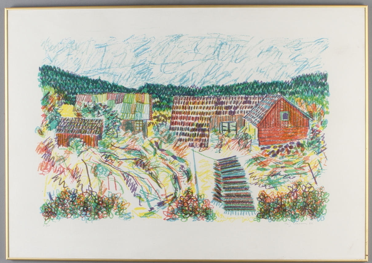 STIG CLAESSON (SLAS). Bondgård, färglitografi, signerad och numrerad 35/60.