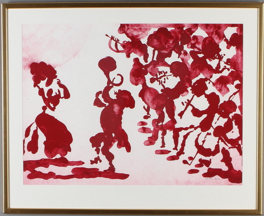 PETER DAHL. Figurscen, färglitografi, signerad.