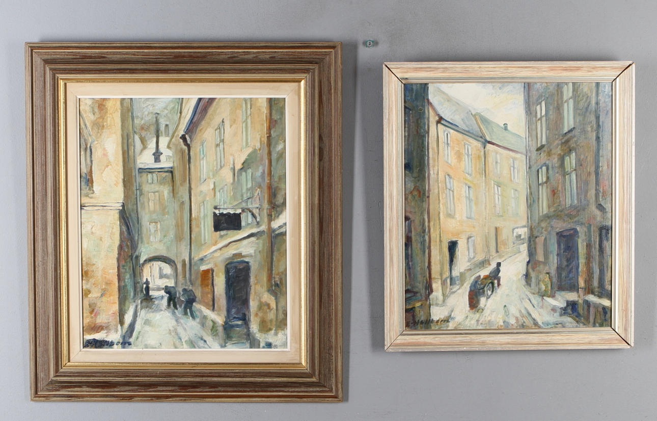 EMIL HELLBOM. 2 st, Stockholmsmotiv, olja på pannå, signerade.