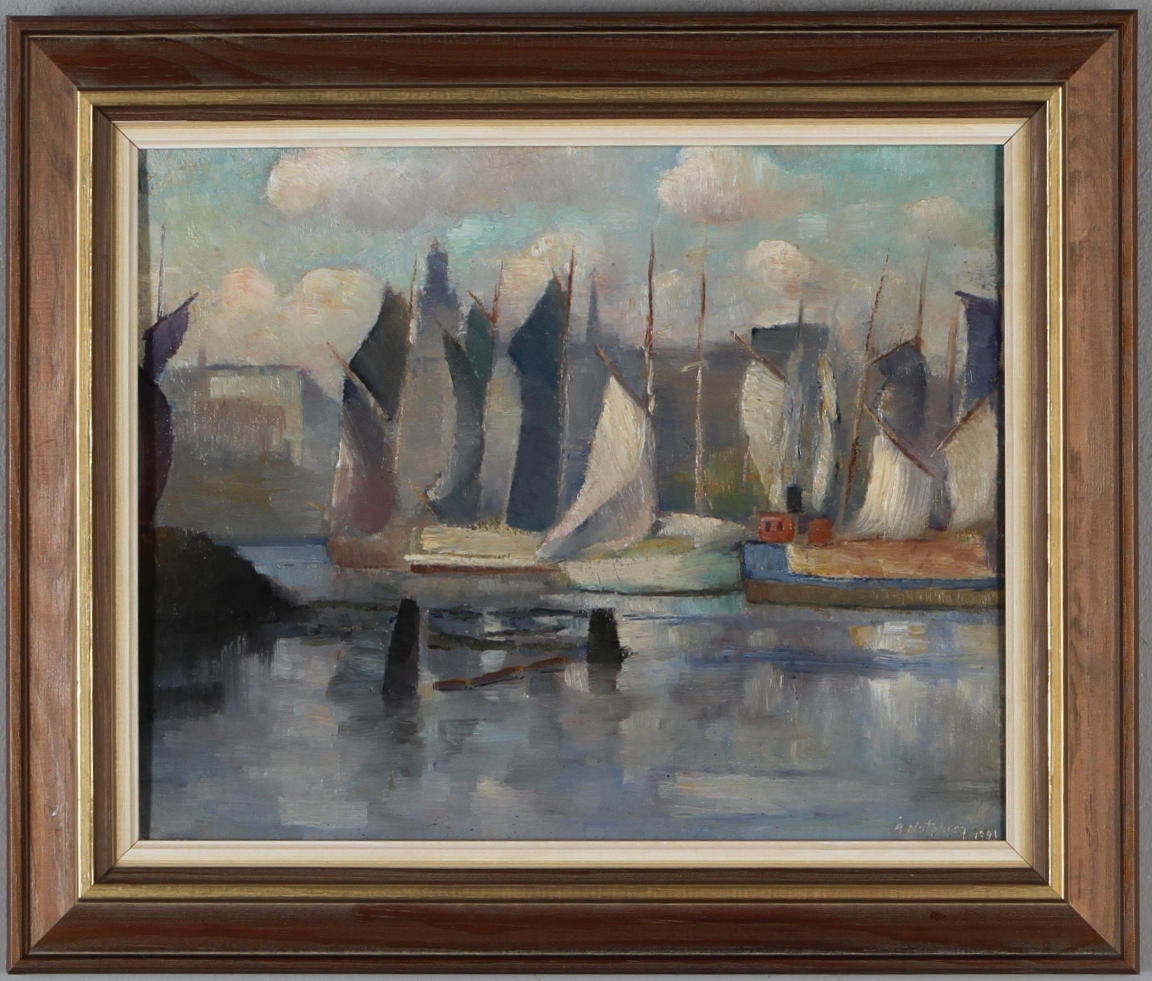ÅKE NOTHBERG. Båtar, olja på pannå, signerad och daterad 1921.