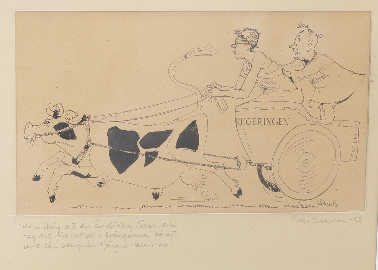 ÅKE ERIKSSON. Political humor, drawing, signed, dated -53.