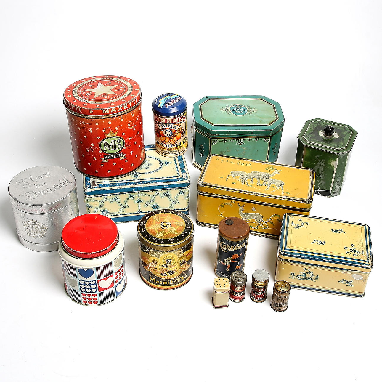 PARTI PLÅTBURKAR, 15 st. bl.a. Göteborgskex, Mazetti, 1900-talets mitt.