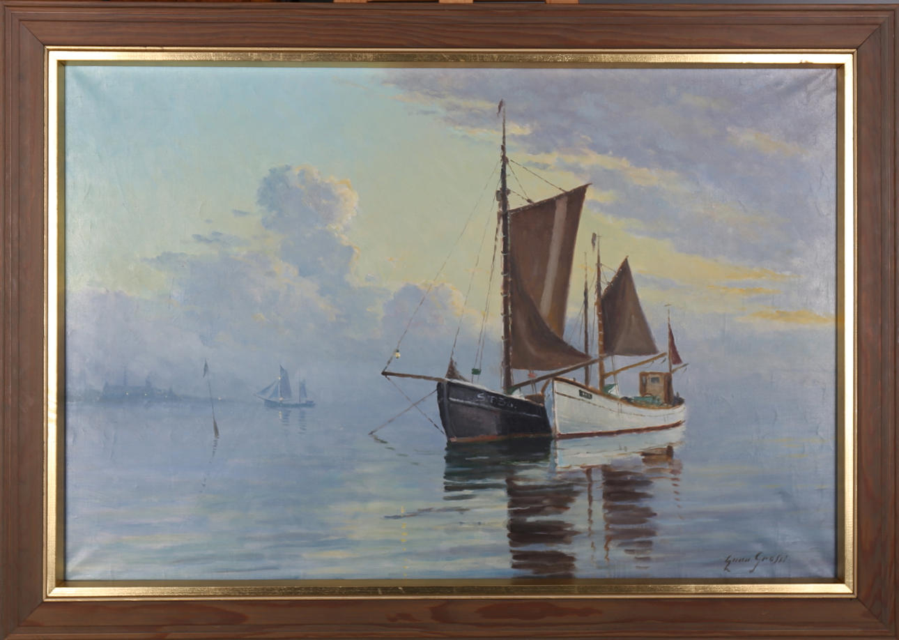 OIDENTIFIERAD KONSTNÄR. Båtar på stilla vatten, olja på duk, otydligt signerad.