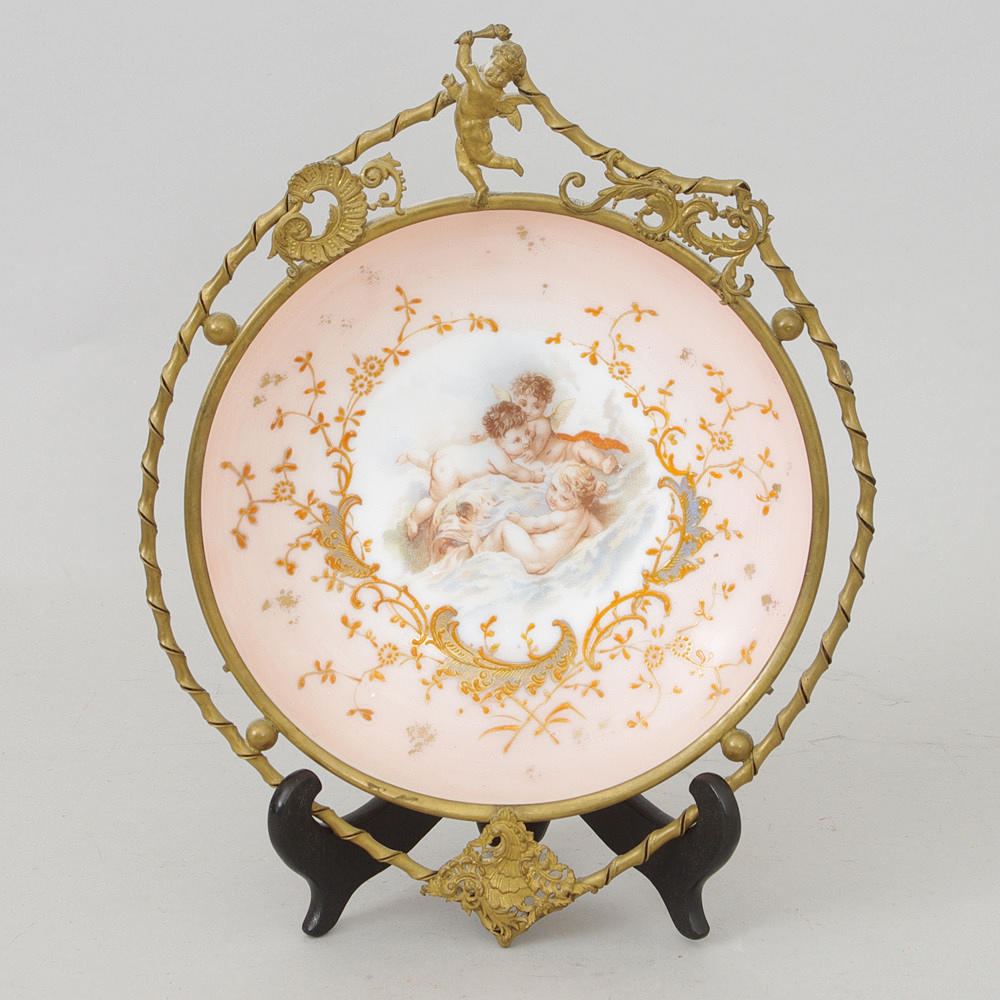 SKÅL, glas/mässing med målad dekor, 1800-tal.