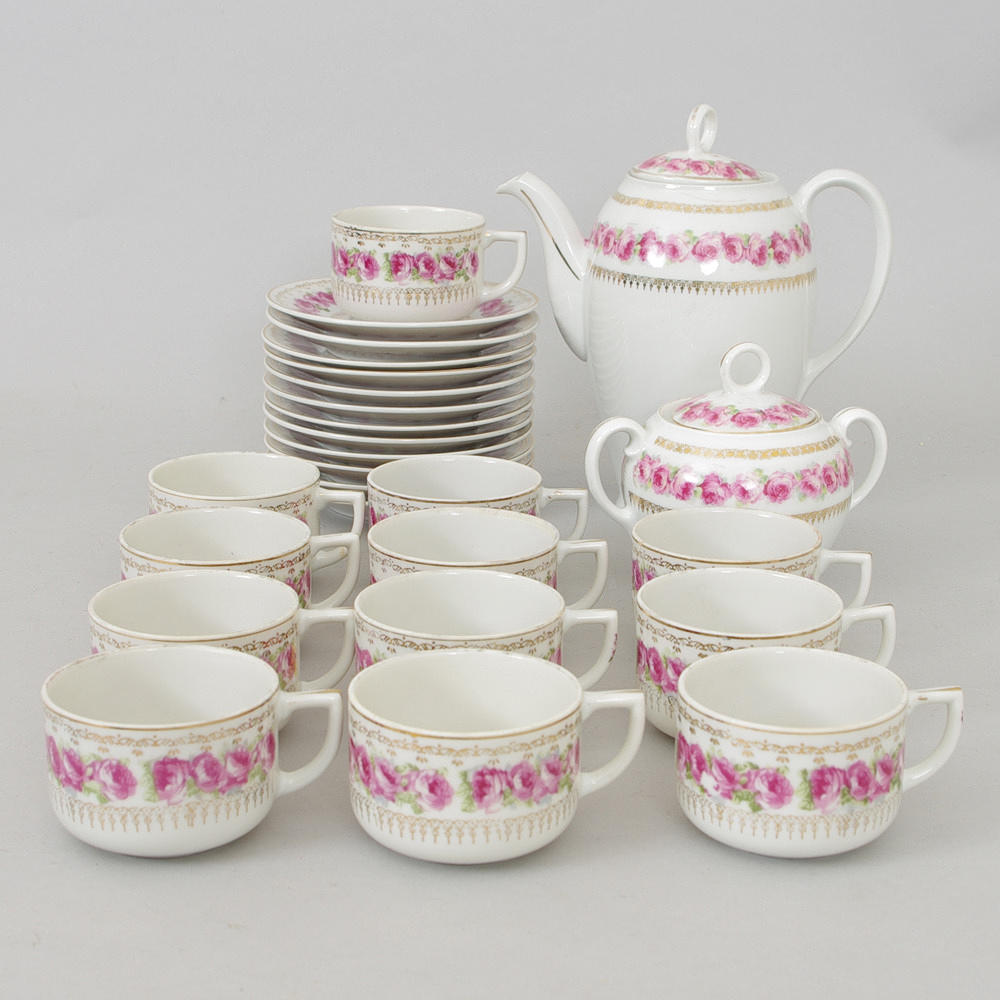 KAFFESERVIS, blomsterdekor med förgyllningar, "Victoria", Tjeckoslovakien.